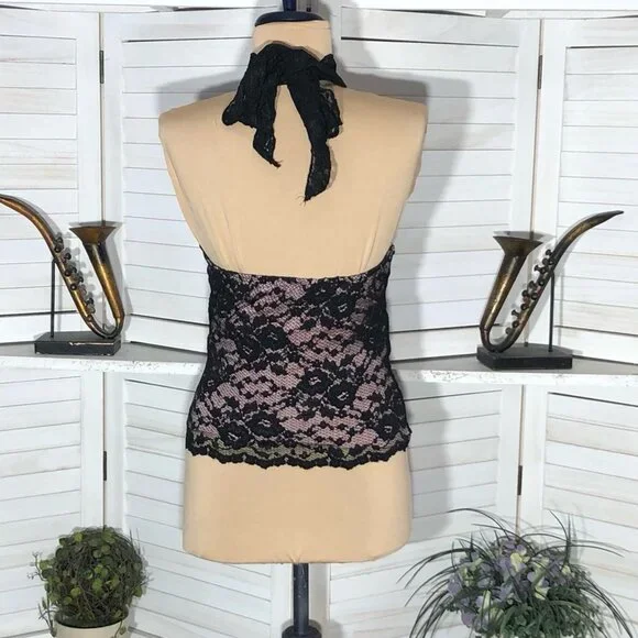 Vintage Y2K Speechless Halter Top High Neck Stretchy Sheer Lace Black Pink Sz S - Picture 8 of 13